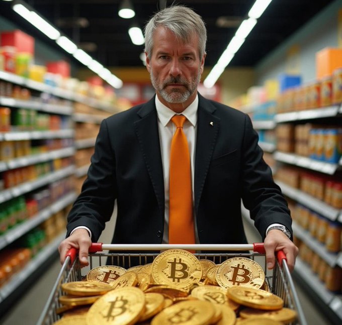 A man in a black suit and orange tie stands in a supermarket aisle pushing a shopping cart filled with gold Bitcoin tokens.