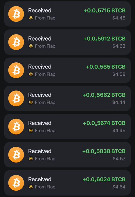 A cryptocurrency transaction history displays multiple 'Received' entries of small Bitcoin amounts (BTCB), each ranging from +0.05715 to +0.06024, all sent 'From Flap' with dollar values around $4.44-$4.64.