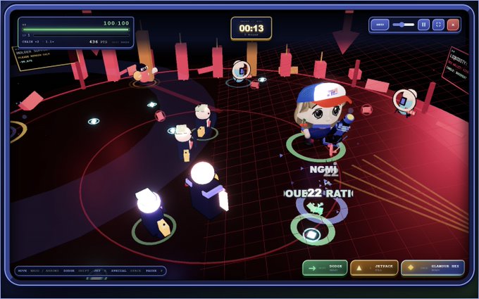A screenshot of a 3D multiplayer video game lobby or battle scene features cartoonish characters on a circular grid arena with red obstacles, including one labeled 'NGMI QUE22RATI' and a timer showing '00:13'.
