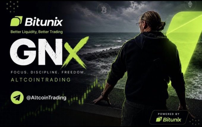 A promotional banner for Bitunix featuring the GNX partnership with the slogan "FOCUS. DISCIPLINE. FREEDOM." and the handle @AltcoinTrading, showing a man in a hoodie overlooking a stormy ocean alongside an ascending green crypto chart—visually reinforcing the post's message about trading patience, avoiding FOMO, and waiting for clean setups rather than reacting to every candle.