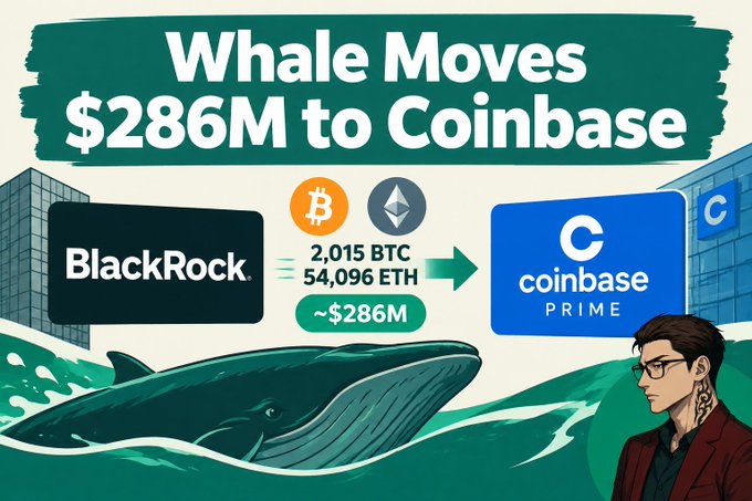 An infographic titled "Whale Moves $286M to Coinbase" shows BlackRock transferring 2,015 BTC and 54,096 ETH (~$286M) to Coinbase Prime, with a man wearing glasses on the right side.