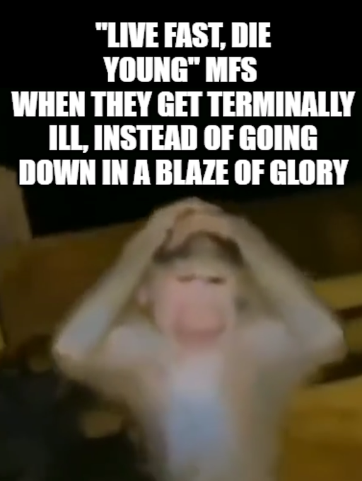 A blurry meme image of a child with their hands over their face is captioned with text mocking 'live fast, die young' ideals.