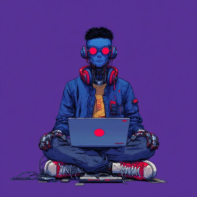 The image features a man sitting cross-legged with headphones on his ears while using a laptop computer. The background of the image is purple, which complements the overall color scheme of the scene. There are also several pieces of paper scattered around the area where the man is seated.