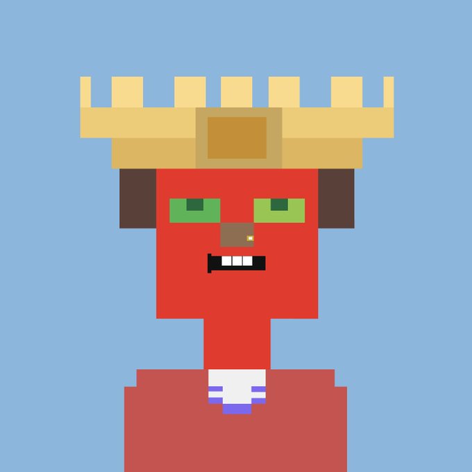 A pixel art illustration of a red character wearing a golden crown with a rectangular gem, featuring green eyes and a wide toothy grin against a blue background.
