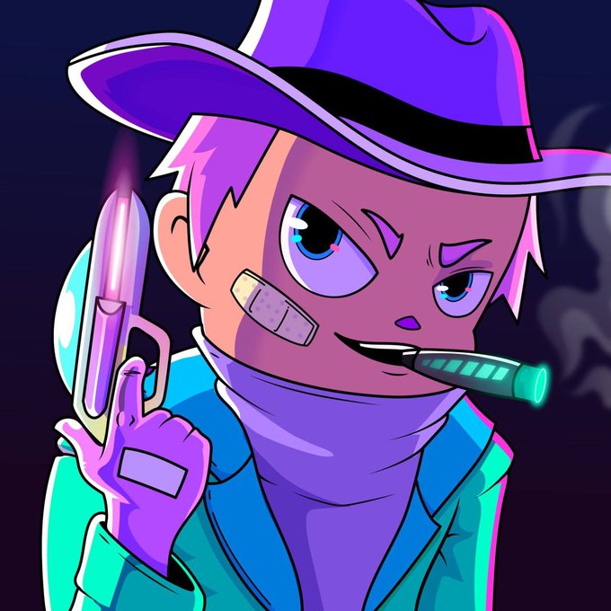 A cartoon illustration depicts a purple-haired character wearing a cowboy hat, holding a glowing purple pistol and a cigar, with a band-aid on their cheek.