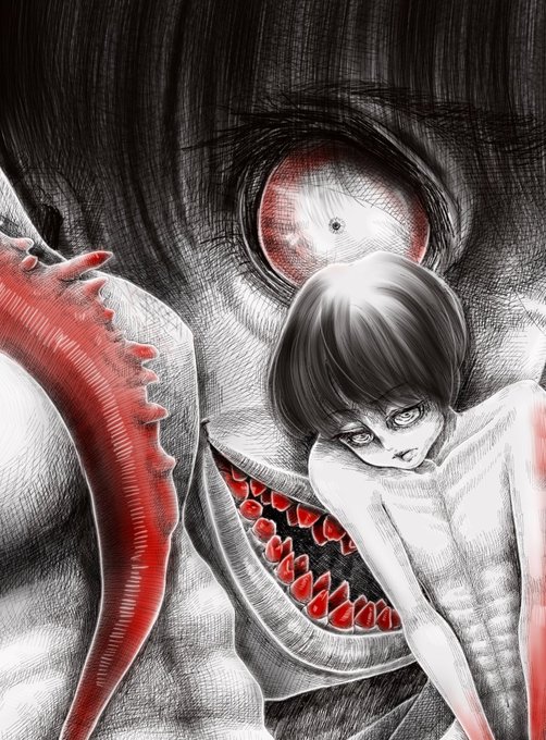 A dark, stylized anime-style illustration featuring a menacing giant eye and toothy maw in the background, with a pale, dark-haired figure in the foreground.