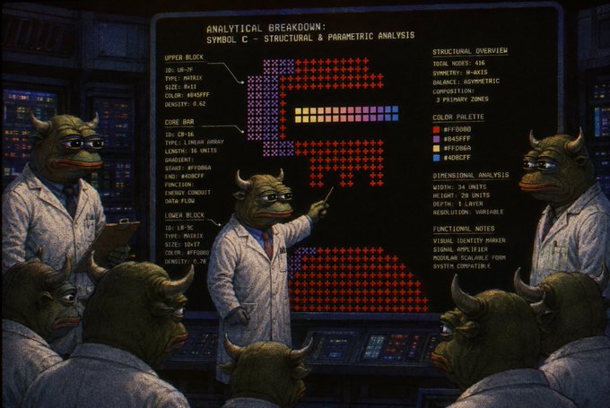 A group of horned, goat-like scientists in white lab coats gather around a large screen titled "ANALYTICAL BREAKDOWN: SYMBOL C – STRUCTURAL & PARAMETRIC ANALYSIS," which displays colorful grid patterns and technical details including "TOTAL NODES: 416," "SYMMETRY: P4MM," "BALANCE: ASYMMETRIC," and "COMPOSITION: 3 PRIMARY ZONES." The image, accompanying the "GM Nodes Chapter IV: The Refinement," visually represents a meticulous design refinement process, with the scientists scrutinizing and breaking down a modular symbol system into its structural and parametric components.