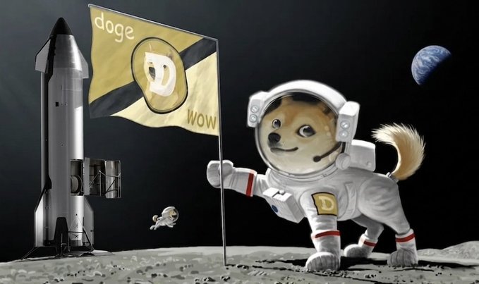 The image features a cartoon dog dressed as an astronaut, standing next to a flag that has "DOGE" written on it. Below the flag, there's another flag with "WOW" written on it. The background of the image is black, and in the top right corner, there are two planets visible - one blue and one white.