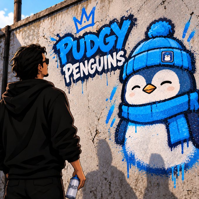 An anime-style illustration of a man in a black hoodie holding a spray can, standing before a graffiti wall that reads 'PUDGY PENGUINS' next to a cute penguin character wearing a blue beanie and scarf.