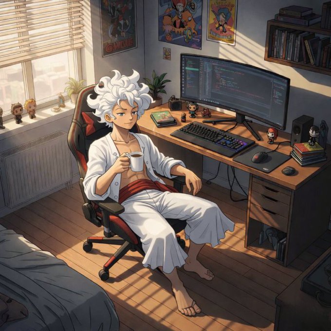 An anime-style illustration shows a character with wild white hair sitting in a gaming chair in a cozy room, holding a coffee mug, with a computer setup displaying code and various figurines on the desk.