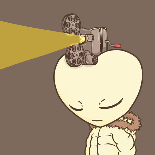 A cartoon character with an alien-like head wearing a fur coat, being projected by a film projector casting a yellow beam of light.