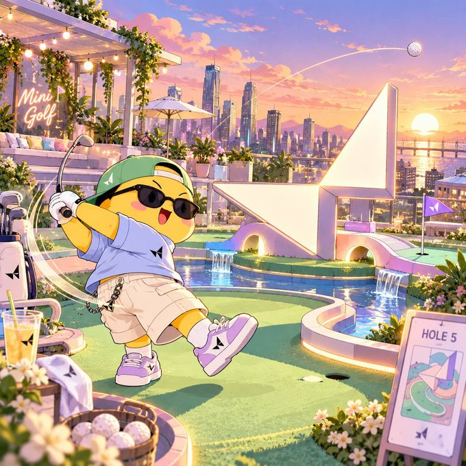 An animated yellow mascot character wearing a green cap, sunglasses, and white outfit swings a golf club on a rooftop mini-golf course at sunset, with a 'Mini Golf' neon sign and a 'HOLE 5' sign visible in the scene.