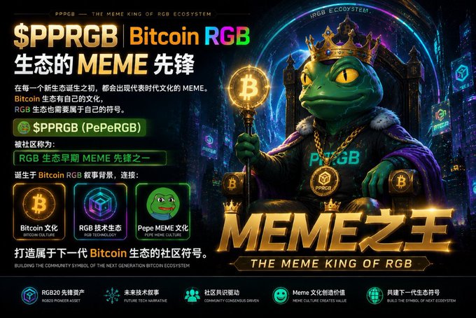 A promotional graphic for the cryptocurrency token $PPRGB (PePeRGB), titled 'THE MEME KING OF RGB' and labeled as 'Bitcoin RGB 生态的 MEME 先锋' (Meme Pioneer of the Bitcoin RGB Ecosystem), featuring Pepe the Frog wearing a crown and royal robes while holding a Bitcoin scepter, with text in both Chinese and English about building the next-generation Bitcoin community symbol.