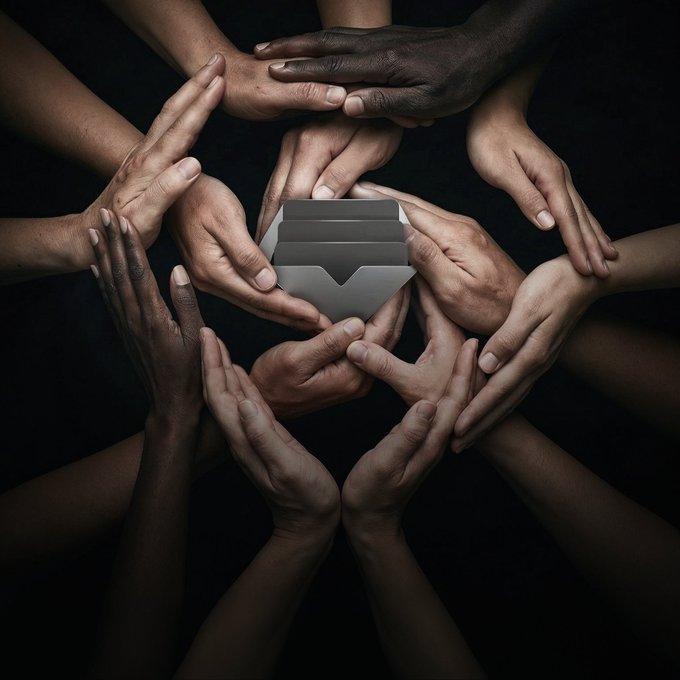 Multiple hands of various skin tones circle around and support an open envelope, symbolizing collective unity and shared collaboration in the crypto project.