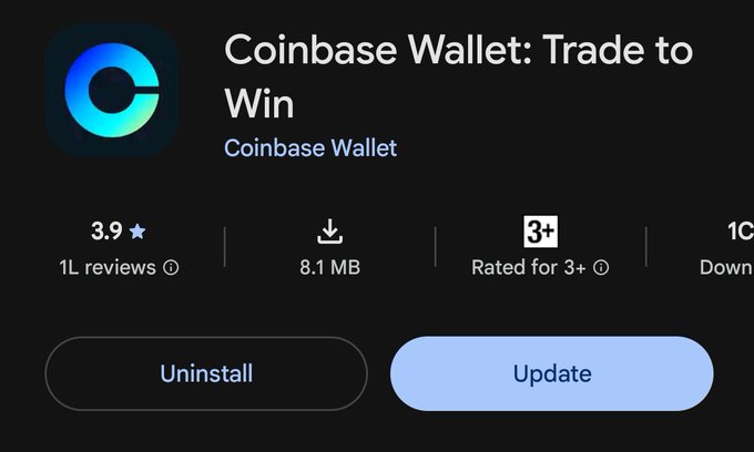 A screenshot of the Google Play Store listing for "Coinbase Wallet: Trade to Win" by Coinbase Wallet, showing a 3.9 star rating from 1L reviews, an 8.1 MB download size, and available buttons to "Uninstall" or "Update" the app, aligning with the post's call to update the @coinbasewallet app.