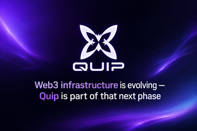 A promotional graphic for QUIP featuring a white butterfly-like logo on a purple background with the text 'Web3 infrastructure is evolving — Quip is part of that next phase.'
