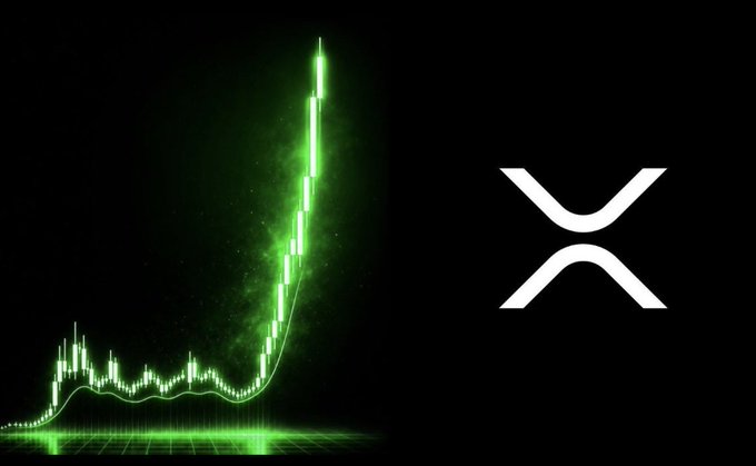 A green rising chart on a black background is paired with the white XRP cryptocurrency logo.