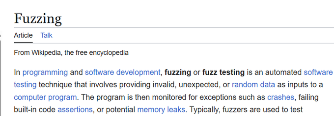 A Wikipedia article excerpt defining 'Fuzzing' in programming as an automated software testing technique that provides invalid, unexpected, or random data as inputs.