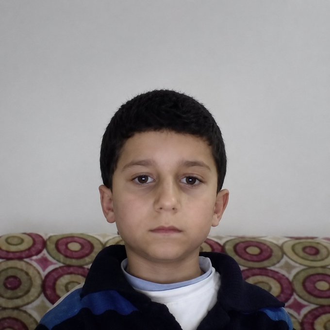 A portrait photograph of a young boy with dark hair sitting on a patterned couch against a plain wall.