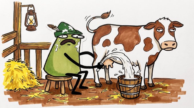 A cartoon illustration shows a green pear-like character wearing a Tyrolean hat sitting on a stool and nervously milking a brown and white cow into a wooden bucket inside a barn.