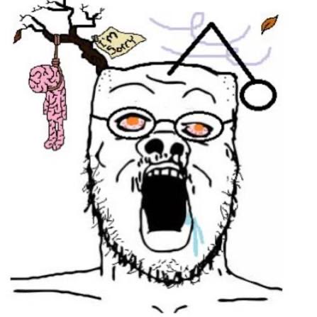 A crude drawing of a screaming white bear-like creature with orange eyes, wearing glasses, with a dead pink animal hanging from a tree branch on its head and a noose nearby.