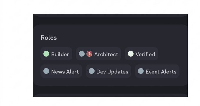 A dark-themed user interface showing a 'Roles' section with badges for Builder, Architect, Verified, News Alert, Dev Updates, and Event Alerts.