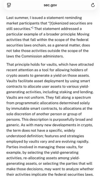 A screenshot from sec.gov discussing federal securities laws, mentioning that '[t]okenized securities are still securities' and explaining how crypto vaults for asset deployment may implicate these laws.