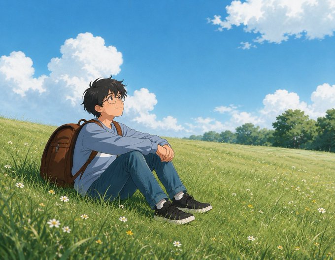 An anime-style illustration shows a black-haired boy with glasses sitting in a grassy field under a partly cloudy sky, with a brown backpack resting beside him.