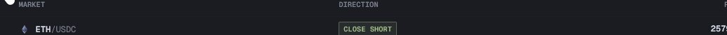 A cryptocurrency trading interface displays ETH/USDC with a "CLOSE SHORT" button in green, indicating an open short position that needs to be closed, fitting with the "GM" (good morning) post as a casual daily trading update.