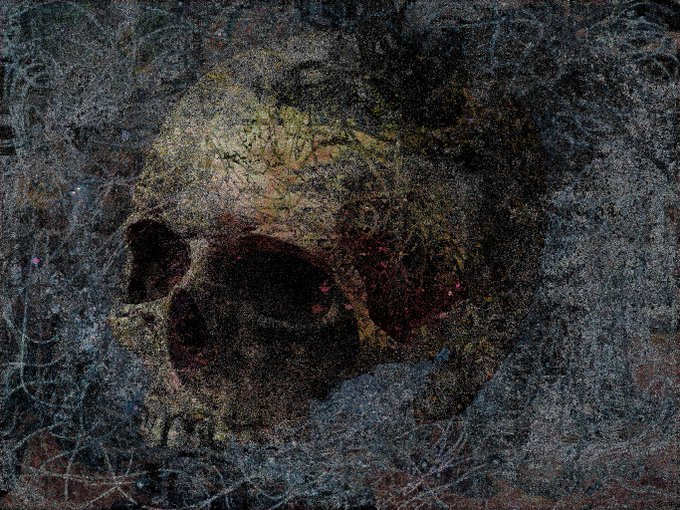 A dark, textured artwork or photograph featuring a skull-like or face-like form emerging from a heavily distressed, scratchy gray and black background with hints of muted red and green.