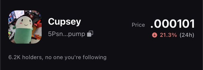 A crypto token information card for 'Cupsey' showing a price of .000101, a 24-hour decline of 21.3%, and '6.2K holders, no one you're following'.