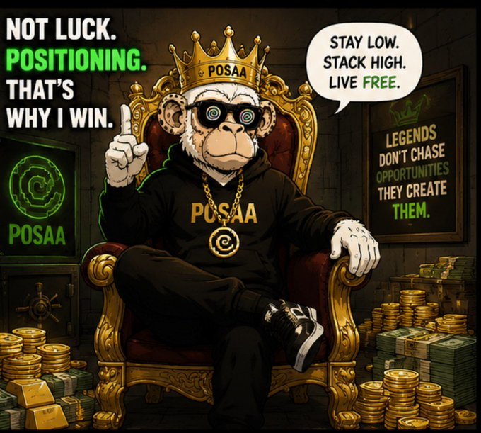 A cartoon monkey wearing a crown, sunglasses, and a black hoodie with 'POSAA' written on it, sitting on a golden throne surrounded by stacks of coins and gold bars, with text reading 'NOT LUCK. POSITIONING. THAT'S WHY I WIN.' and a speech bubble saying 'STAY LOW. STACK HIGH. LIVE FREE.'