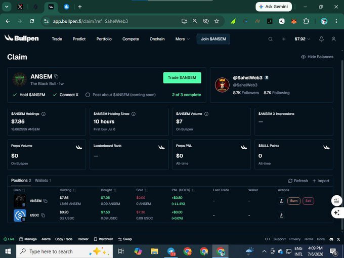 The image shows a Bullpen claim page for @SaheiWeb3 displaying holdings of 19.66 $ANSEM tokens valued at $7.86, along with a $0.20 USDC position and various portfolio statistics. This visually supports the post's claim of holding only $7 worth of $ANSEM while participating in the platform for potential airdrop rewards.