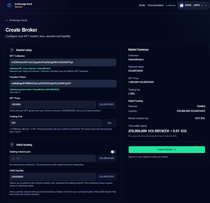 A screenshot of the brokerage.fund 'Create Broker' interface for configuring an NFT market called SolanaBrokers on Solana mainnet.