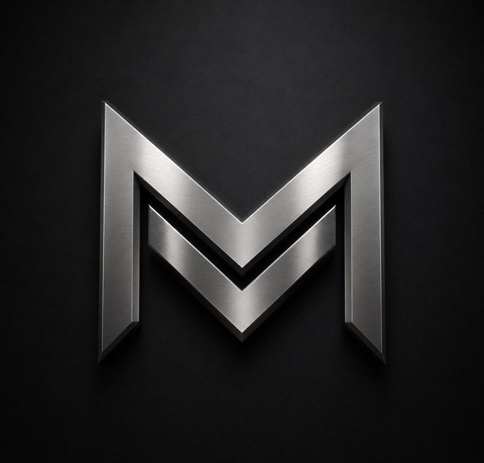 A metallic silver logo in the shape of a stylized 'M' with sharp, angular lines, displayed against a dark, textured background.