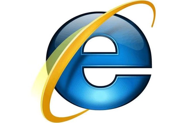 The image shows the classic Internet Explorer logo featuring a blue lowercase "e" encircled by a golden-yellow orbital ring, but the post jokingly mislabels it as a new "ETH" (Ethereum) logo.