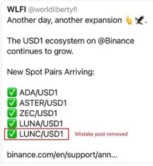 The image shows a tweet from World Liberty Financial (@worldlibertyfi) announcing new USD1 spot trading pairs on Binance, including ADA/USD1, ASTER/USD1, ZEC/USD1, LUNA/USD1, and LUNC/USD1 (with a note that the LUNC post was mistakenly removed), highlighting the expansion amid speculation around LUNC and USTC developments.