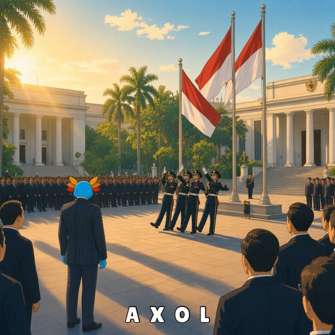 The image shows a ceremonial flag-raising scene with red-and-white Indonesian flags, honor guards in uniform, and officials gathered at a grand neoclassical government plaza, with an axolotl character in a pinstripe suit observing the event. The text "AXOLOL" appears at the bottom, and the scene's formal patriotic atmosphere with the Indonesian flags ties into the post's morning greeting to the SuiNetwork Southeast Asia accounts, symbolizing a ceremonial welcome to the region.