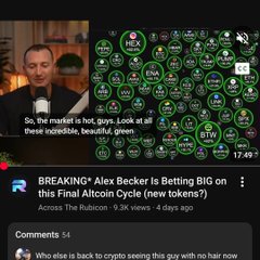 The image shows a video thumbnail featuring a man on the left discussing the crypto market, with a green-themed bubble chart on the right displaying various cryptocurrency symbols like STX, FIL, AIOZ, FLOW, BTW, QNT, BONK, IMX, and more, alongside a caption reading "BREAKING* Alex Becker Is Betting BIG on this Final Altcoin Cycle (new tokens)?" with 9.3K views on The Rubicon. The content relates to the post by emphasizing visibility, as the video highlights how trending altcoins can attract massive attention from millions of wallets, potentially driving significant price movement if even a small portion buys in.