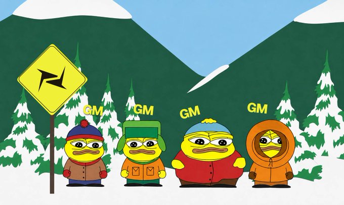 A cartoon illustration depicting four characters with duck bills wearing winter clothing, all labeled "GM" (likely representing cryptocurrency token GM), standing in a snowy landscape next to a yellow road sign.