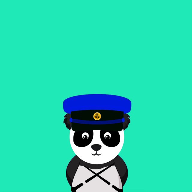 A cartoon panda character wearing a blue Russian-style military cap with a gold emblem and crossed straps, set against a bright turquoise background.