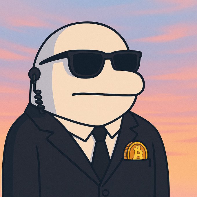 A cartoon character in a black suit, sunglasses, and headset stands against a pastel sunrise sky, with a Bitcoin pin on the lapel — a moody "GM" image that visually echoes the post's calm, early-morning optimism that quiet markets create the best opportunities.