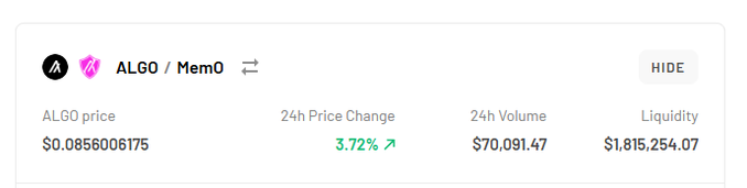 A cryptocurrency tracking widget showing ALGO/MemO with a price of $0.0856006175, a 24h price change of 3.72%, 24h volume of $70,091.47, and liquidity of $1,815,254.07.