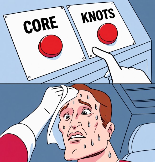 A two-panel meme showing a hand pressing a red "KNOTS" button instead of "CORE," followed by a sweaty astronaut looking nervously concerned.