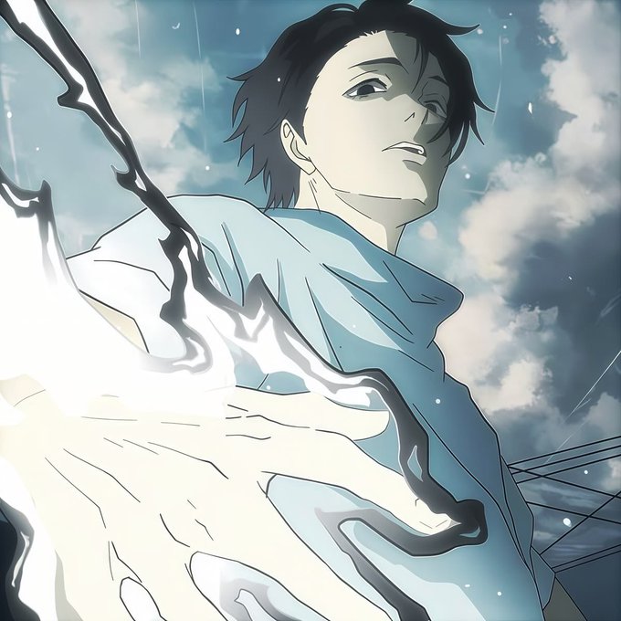 An anime-style illustration of a young man with dark hair in a light blue hoodie holding out a hand enveloped in bright white energy against a cloudy sky.