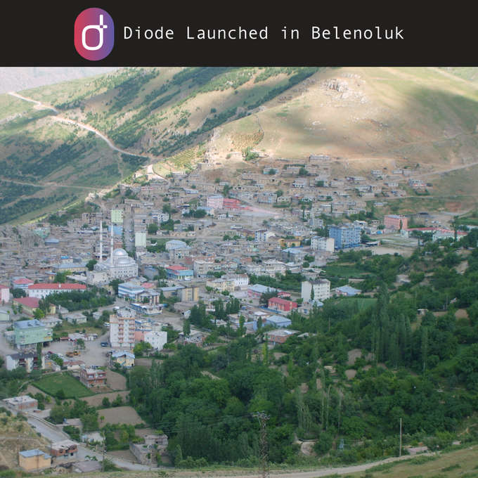 Aerial view of a mountain town with dense buildings nestled in a valley, captioned 'Diode Launched in Belenoluk' with a Diode app icon.