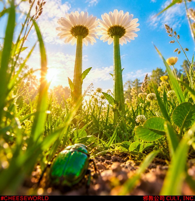 Two daisies lean together like friends side by side in a sunlit meadow with a green beetle resting on the ground below them. The hashtag "#CHEESEWORLD" and the text "邪教公司 CULT, INC." appear at the bottom.
