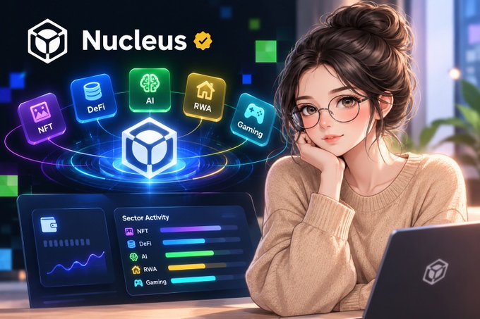 A promotional graphic for 'Nucleus' featuring an anime-style woman at a laptop, with sector activity categories for NFT, DeFi, AI, RWA, and Gaming.