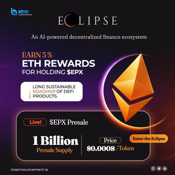 A promotional graphic for the "Eclipse" presale ($EPX), highlighting "EARN 5% ETH REWARDS FOR HOLDING $EPX" and showcasing a live $EPX presale with 1 Billion token supply priced at $0.0008/Token, aligning with the post's announcement of the AI-powered DeFi ecosystem presale by the same team behind $ORB and $BOLT.