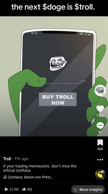 A TikTok screenshot titled 'the next $doge is $roll' showing a video of a hand holding a phone that displays a troll face meme and a 'BUY TROLL NOW' button, credited to 'Troll' 17h ago with 21.9K views.